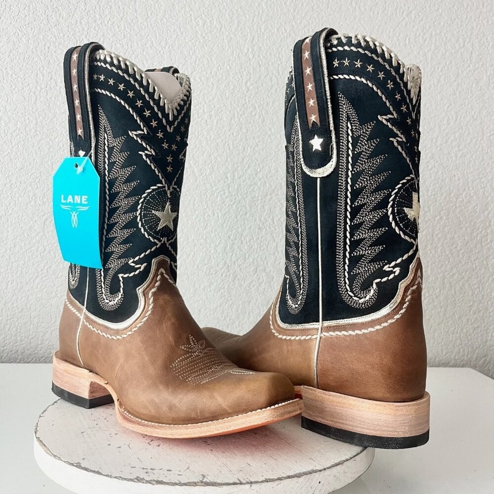 Lane Rodeo Houston Mens Cowboy Boots Brown Navy Square Toe 12.5" Size 10